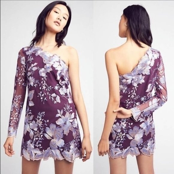 Free People Dresses & Skirts - Free People Rosalie Embroidered Mini Dress Purple One Shoulder 3/4 Sleeve NWT 0